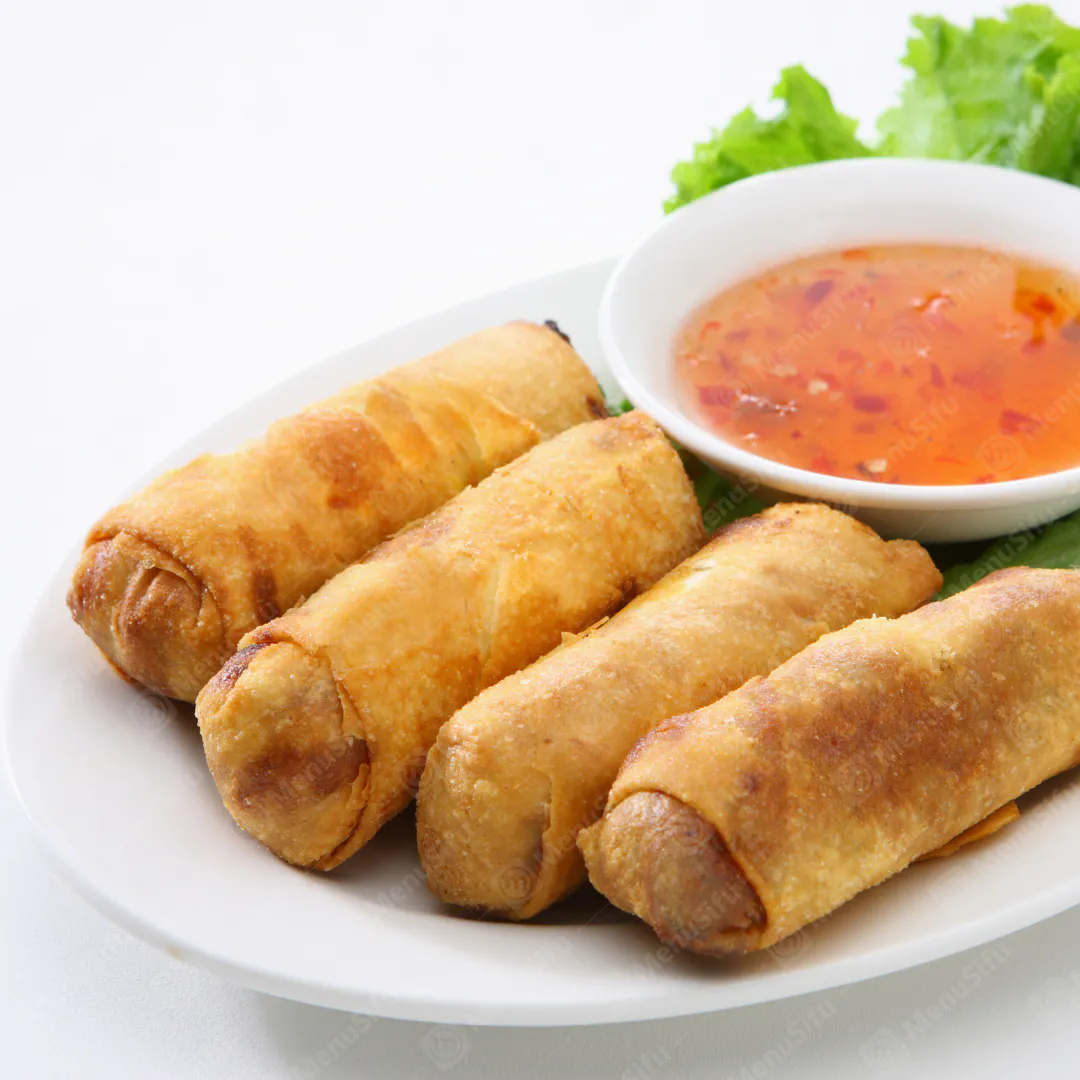 Crispy spring rolls with dipping sauce at Sun's Wok and Mongolian BBQ, a Chinese Restaurant in South Gate